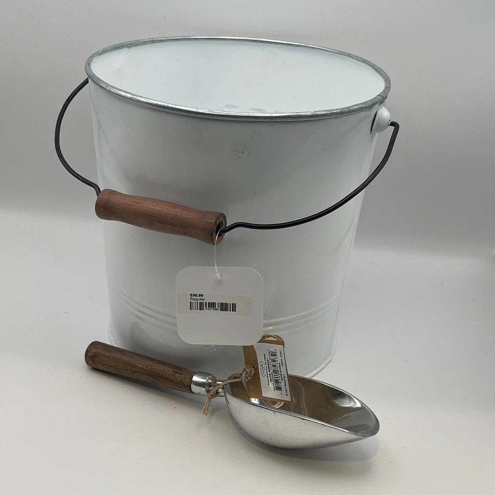 Mud Pie White Enamel Ice Bucket with Scoop Chill Farmhouse Barware 48060091 NEW